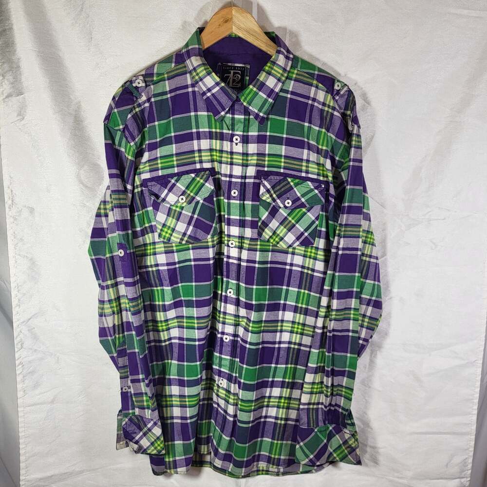 Evolution In Design Purple Green Plaid Button Down Shirt 2XL